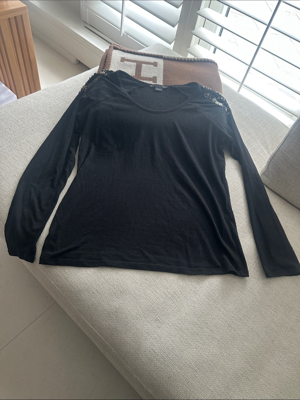 Armani Exchange Black Long-Sleeve Top with Lace Shoulder Detail